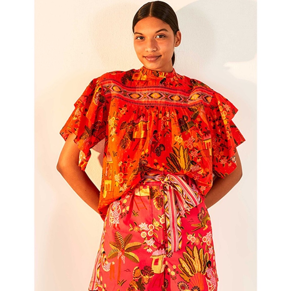 FARM RIO Red Secret Garden Blouse size M